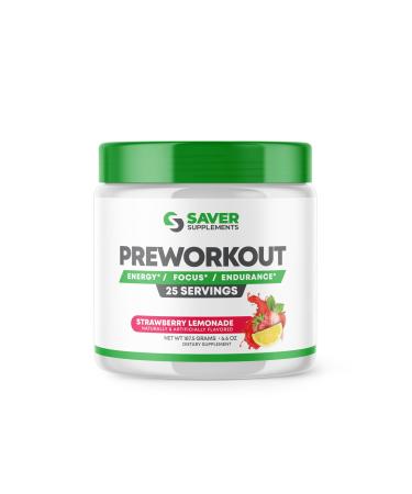 Saver Supplements Pre Workout Powder with Beta Alanine Creatine Monohydrate BCAA L Citrulline L Arginine and Caffeine - Strawberry Lemonade Flavor - 25 Servings