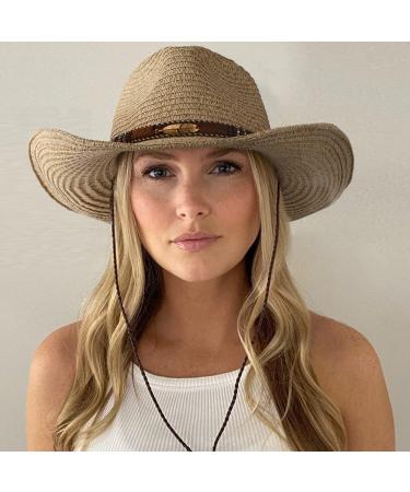 UPF 50+ Wide Brim Straw Sun Hat with Wind Lanyard - Beige/Brown, One Size - Buy Online on GoSupps.com