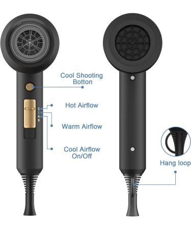 Slopehill Ion Hair Dryer 1800W - Quick Drying AC Motor 3 Concentrators & Diffuser Hot/Cold Button 3 Heat Settings 2-Speed - Black Gold - Buy Online on GoSupps.com