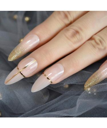 Buy Hujl Beige French Press On Nails Super Long Natural Sharp Design with Sequins & Golden Cross-Line - Buy Online on GoSupps.com