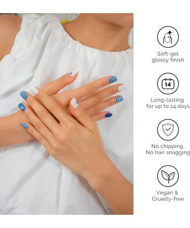 NAILOG Semi Cured Gel Nail Strips - 34 pcs Salon-Quality Long Lasting Gel Nail Stickers in Navy Blue & White - Marine Story Collection - Buy Online on GoSupps.com