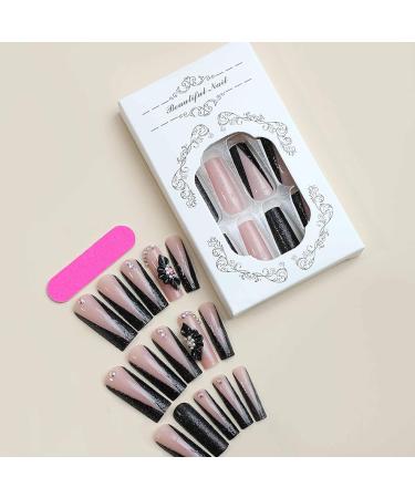 IMSOHOT Long Black French Press-On Nails 24 Pcs Glossy Acrylic with 3D Flower Charms & Rhinestones | Full Cover False Nail Tips for Women - Buy Online on GoSupps.com