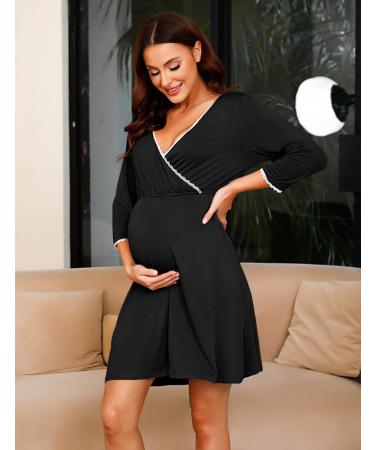 Sykooria Women's Cotton Nursing Nightdress - Black XXL | 3/4 Sleeves Maternity Labour Nightgown - Buy Online on GoSupps.com