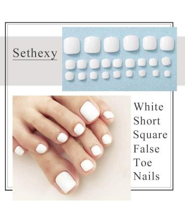 Sethexy Solid Color Glossy False Toe Nails - White Square Short Full Cover 24PCS Fake ToeNails for Women and Girls - Buy Online on GoSupps.com