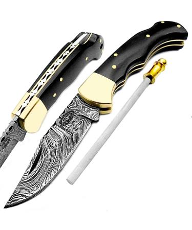 Best.Buy.Damascus1 Damascus pocket knife 6.5" Black Buffalo Horn Handel, Brass Bolster lock Back, Folding knife, tactical gear, gifts for women, Pocket Knife For Men, camping accessories, Pocket Knife, hunting gear with Le