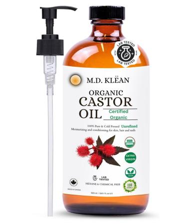 M.D. KLEAN ORGANIC CASTOR OIL 100% Cold Pressed (500ml) Amber Glass Bottle - Hexane Free | BPA Free Pump Inc | Unrefined Certified Organic | Skin Moisturizing and Conditioning Oil
