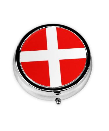 Denmark Danish Flag Portable Metal Pill Box Round Mini 3-Compartment Plastic Insert hinged Fastening Design Suitable for Small Pills Must-Have for Travel