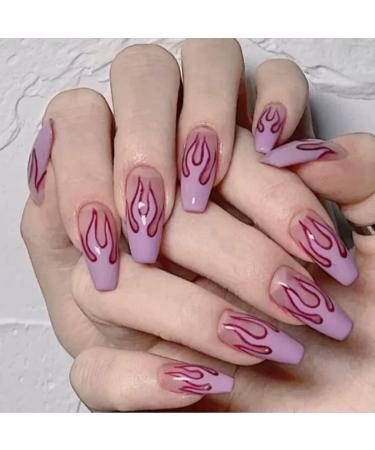 Vatocu coffin flame glitter false nails French agents artificial nails purple ballerina for pressing acrylic full cover for sticking on for women and girls (24 pieces)