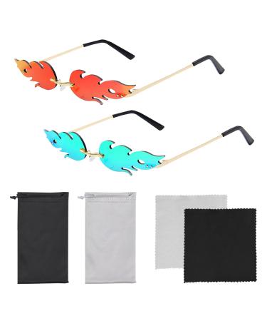 Tagace 2 pieces of flame sunglasses 2 pieces of glasses pockets 2 pieces of brillery retro-punk style wave flame shape suitable for trips beach hiking outdoor activities