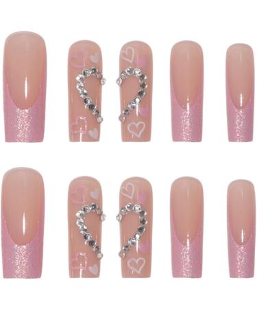 24 Pcs Heart False Nails with Diamond | Peach Pink French Press on Nails | Ballerina Stick on Nails for Women | Medium Length Acrylic Coffin Fake Nails with Glue for Nail Art - Buy Online on GoSupps.com
