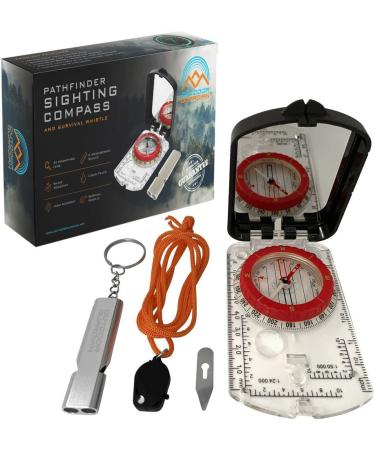 Outdoor Guardian Luminous Orienteering Compass with Survival Whistle - Multifunction Baseplate Sighting Hiking LED Light, Adjustable Declination, & Clinometer for Hiking/Camping/Orienteering, Black