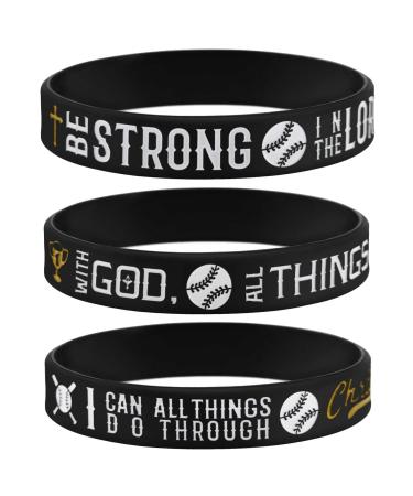 Sainstone Power of Faith Baseball Bible Verse Silicone Wristbands with Christian Inspirational Sayings, Set 3 of Scriptures Motivational Rubber Bracelets Sports Gifts Black Golden