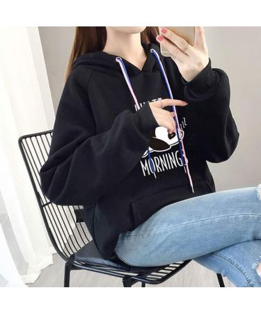 Bigfanshu Women's Dresses Autumn Hoodies Character Print I Hate Morinings Sweatshirt with Pocket Black - Buy Online on GoSupps.com