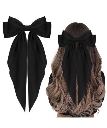 Hair Bow Clip Big Hair Bow Hairpin French Barrette Hair Clips with Long Silky Satin Long Silky Satin for Women Girls (Black)