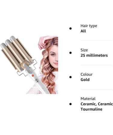 3 Barrel Hair Curler 25mm - Adjustable Temperature Hair Waver Curling Iron for Long or Short Hair Styling - Large Wave Ceramic Crimpers - Gold - Buy Online on GoSupps.com