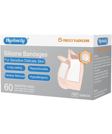 Silicone Bandages Assorted Sizes for Sensitive Fragile Skin - 60 Counts Extra Large and Small Size - Latex Free Non Allergenic Hypoallergenic Painless Removal Flexible Fabric Bandages