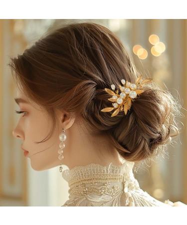 Reaky Pearl Hair Combs Gold Leaf Headpieces Bridal Hair Piece Wedding Hair Accessories for Women - Buy Online on GoSupps.com