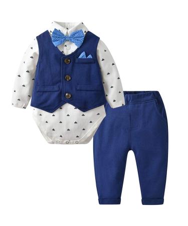 famuka Baby Boy 3 Piece Formal Outfit Suit with Bows Waistcoat Gentleman Tuxedo Navy 3 12 Months