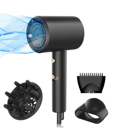 Travel Hair Dryer with Diffuser Professional Hairdryer Low Noise Lightweight Blow Dryer for Curly Hair Concentrator with 2 Speed Heat and Cool Setting for Women Men Home Salon Gift (Golden)
