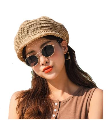 Octagonal Cap Straw Women Summer Thin Newsboy Cap Painter Adjustable Rope Knitted Beret Mesh Breathable Boinas para Mujer, One Size