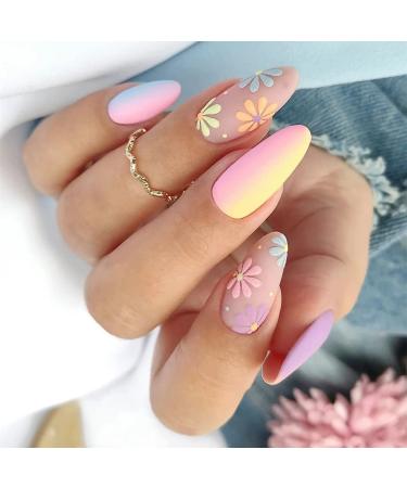 Matte Pink Daisy Flower Fake Nails Set with Glue - 24 Medium Almond Shape Purple Designs for Women and Girls - Buy Online on GoSupps.com