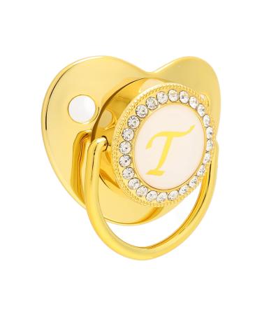 Hyuduo golden baby pacifier personalized curved design 26 letters safe materials healthy bling baby pacifier newborn essentials with clips for 6 to 18 months baby (t)