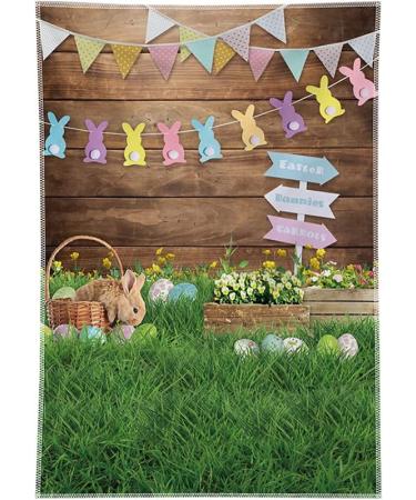 ZTHMOE 5x7ft Durable Fabric Spring Easter Photography Backdrop Rabbit Eggs Wooden Wall Flowers Grass Background Bunny Flag Portrait Photo Booth Props 5'x7' Brown 1