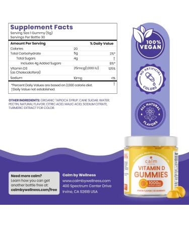 Calm by Wellness Vitamin D Gummies for Adults Vitamin D3 Gummy Vitamins for Bone and Immune System Support Lemon Flavor 30 Count - Buy Online on GoSupps.com