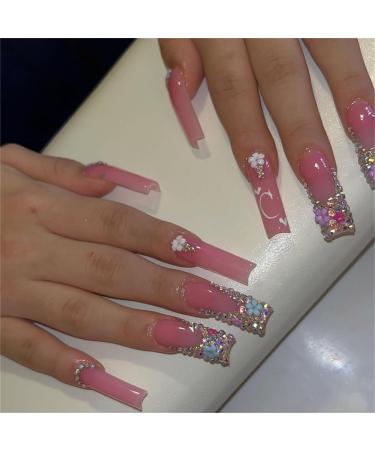 Soild Rhinestones Fake Nail Long Square Press on Nails French Tips Nail Art Decoration for Women and Girls Manicure 24pc