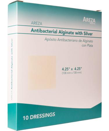 Silver Alginate (Antibacterial Alginate with Silver) 4.25"x4.25" Sterile 10 Wound Dressings Per Box (1 Box) Areza Medical