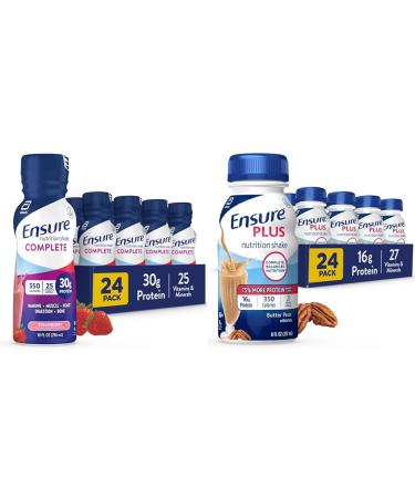 Ensure COMPLETE Nutrition Shake 30g of Protein Meal Replacement Shake with Nutrients for Immune Health Strawberry 10 Fl Oz & Plus Butter Pecan Nutrition Shake Meal Replacement Shake 24 Pack