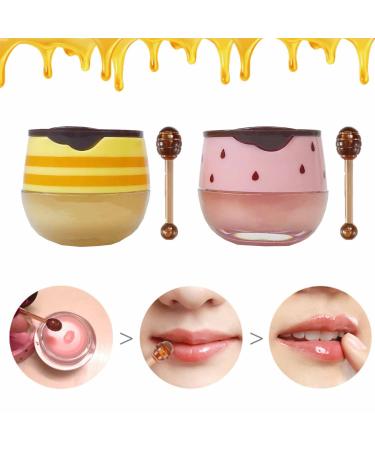 2PCS Bee Balm Lip Balm Honey Pot, Honey & Strawberry Propolis Moisturizing, Hydrating & Prevention Dry and Cracked Lip Scrubs Exfoliator (A)