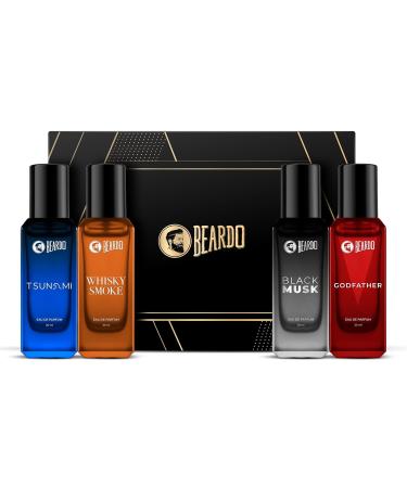 Beardo_Perfumes Giftset For Men (Pack of 4 x 20ml) Whisky Smoke Godfather Tsunami and Black Musk | Long Lasting Perfume Musk & Woody Fresh Fragrance | Rakhi Gift for Brother | Friendship Day Gift