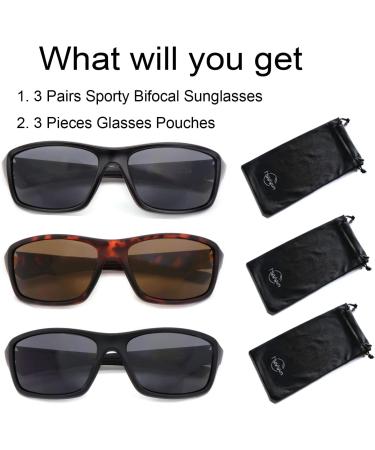 3 Pairs Square Bifocal Sunglasses for Men & Women - UV Protection Outdoor Sporty Sun Readers | Black Brown Red & Tortoise - Buy Online on GoSupps.com