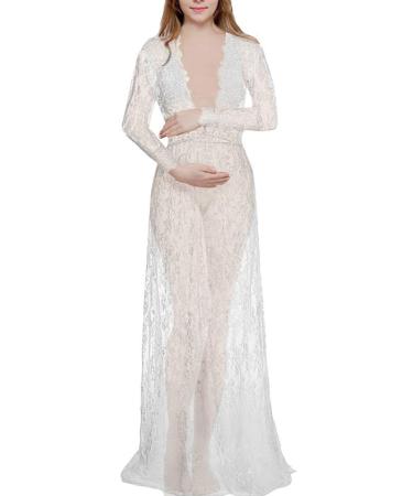 BUOYDM Maternity Dress Women Lace Photography Props Elegant Photo Shoot Dress Maxi Dresses L White