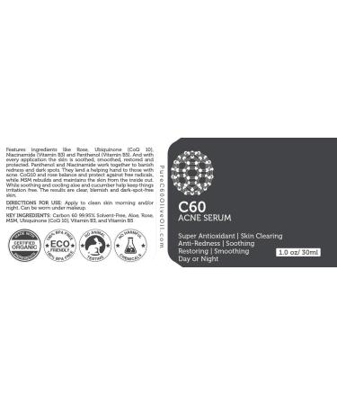 C60 Acne Serum 30ml | Organic Anti-Aging & Anti-Acne with Aloe Rose MSM CoQ10 | Vitamins B3 & B5 for All Skin Types - Buy Online on GoSupps.com
