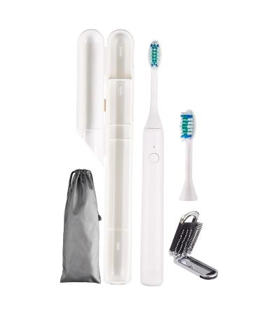 SOARING Portable Electric Toothbrush with Travel Case 2 Replaceable Brush Heads Folding Travel Hair Brush with Mirror for School Business Camping Purse Pocket(White) White 1 Count (Pack of 1)
