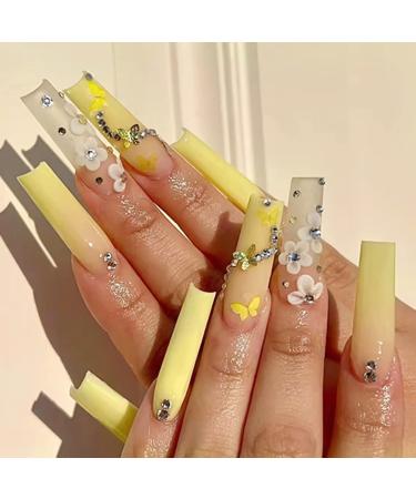 BABALAL Coffin Press on Nails Long French Fake Nails Yellow Glue on Nails Ballerina Butterfly Acrylic Nails 24Pcs Matte Stick on Nails for Women and Girls NAILSP01