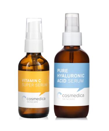 Cosmedica Skincare Vitamin C Super Serum 1oz & Hyaluronic Acid Serum 4 Fl. Oz Bundle Brightening & Hydrating Duo for Anti-Aging Even Skin Tone & Deep Moisturization