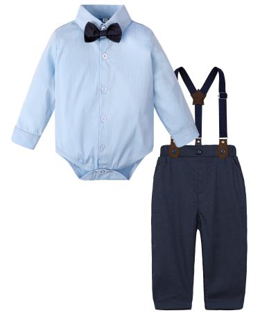 mintgreen Baby Boy Suit Wedding Outfit Bodysuit Gentleman Clothing Set Suspender Trousers + Shirt + Bow Tie 12-18 Months Solid Blue