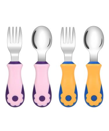 Vicloon Toddler Fork and Spoon 4 Pcs Stainless Steel Baby Utensils Cutlery Set Toddler Utensils Spoons Forks Self Feeding Learning Spoons Children Flatware Weaning and Learning to Use Pink-yellow