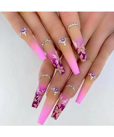 QINGGE Rhinestones Coffin Press on Nails Long Fake Nails with Flower Design Pink Ballerina Glue on Nails Matte Stick on Nails for Women 1B-Pink Flower