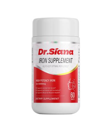 Dr.Siana Iron Supplement Tablets 25 mg/Tablet Iron Supplement Promotes Normal Red Blood Cell Production with Vitamin B12 Folic Acid & Vitamin C for Absorption - Vegan - 60 Tablets