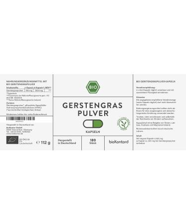 Buy Bio Barley Grass Capsules - 180 Vegan Capsules 3000mg Daily Dose No Additives Made in Germany - Biocontor - Buy Online on GoSupps.com