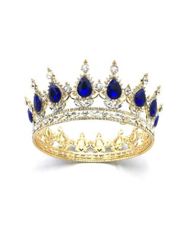 QIDIAN Fashion Bride Full Crown Pageant Handmade Headhand Jewelry Princess Tiara Retro Round Crown Bride Hair Accessories for Women (Gold+Blue)