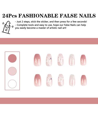 Gradient Pink Coffin Fake Nails with Butterfly Rhinestone Designs - 24pcs Medium Length Press on Nails for Women & Girls | Shiny Glossy Acrylic Full Cover False Nails - Nail Art Manicure Decoration - Buy Online on GoSupps.com