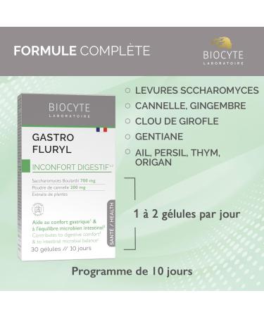 BIOCYTE Gastrofluryl Comfort Digestive Dietary Supplement with Saccharomyces Yeasts Cinnamon Ginger Cloves Garlic - 30 Capsules - 10 Days - Buy Online on GoSupps.com
