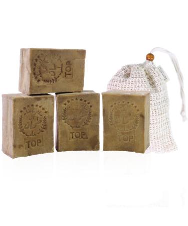 Tumelo TUMELO Aleppo Original Soap 4 x 200g (800g) 70% Olive Oil 30% Bay Berry Oil + Salvon Bag - Natural Soap - Solid Hair Soap/Shower Soap