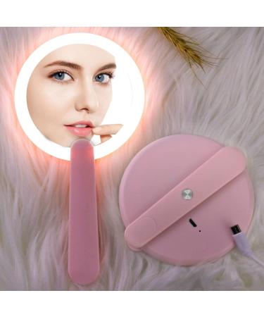 Laokiiy Handheld Mirror with Lights  LED Compact Mirror with Swivel Folding Handle Charged Via USB Port  Foldable Compact Rechargeable Round Mirror for Trave Office Outdoor Lighted Makeup Mirror+pink