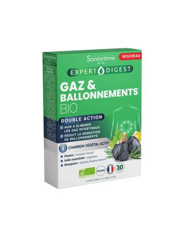 Santarome Bio - Gas & Bloating - Transit Food Supplement - Active Vegetable Charcoal - Organic Plants & Buds - France - 30 capsules